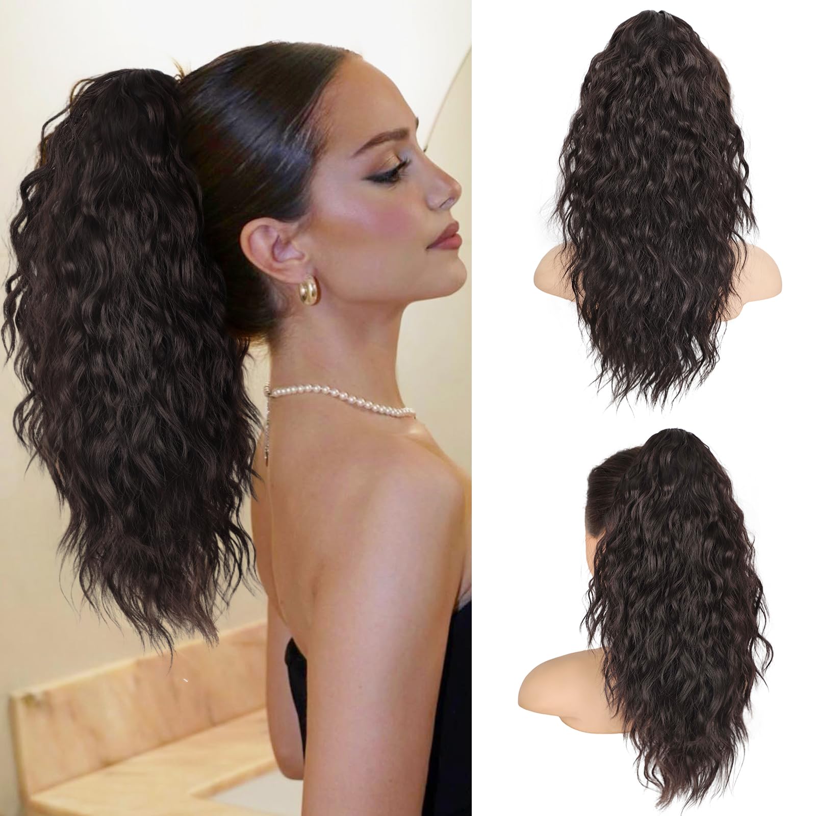 Photo 1 of Isaic Ponytail Extension 18 Inch Claw Clip in Ponytail Extensions Black Brown Fake Synthetic Hairpiece for Women Layered Pony Tails Hair Extensions