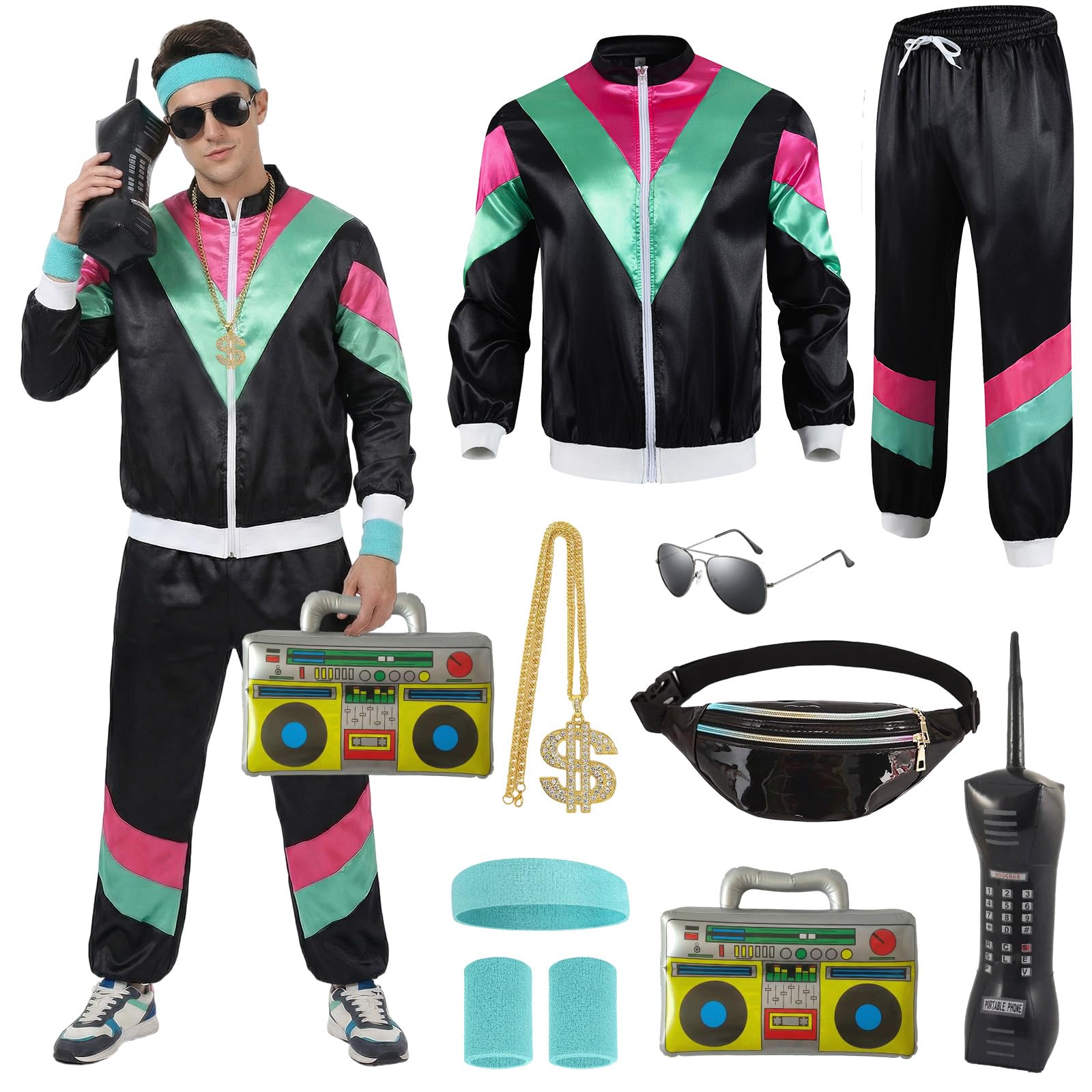 Xerteam 80s 90s Fancy Dress Men with Accessories, Retro 80s 90s Hip Hop Outfit for Adults, 80s Fancy Dress Set with 1 Sportswear Shirt Pant Hat Necklace Balloon Glasses (Black 3, XL)