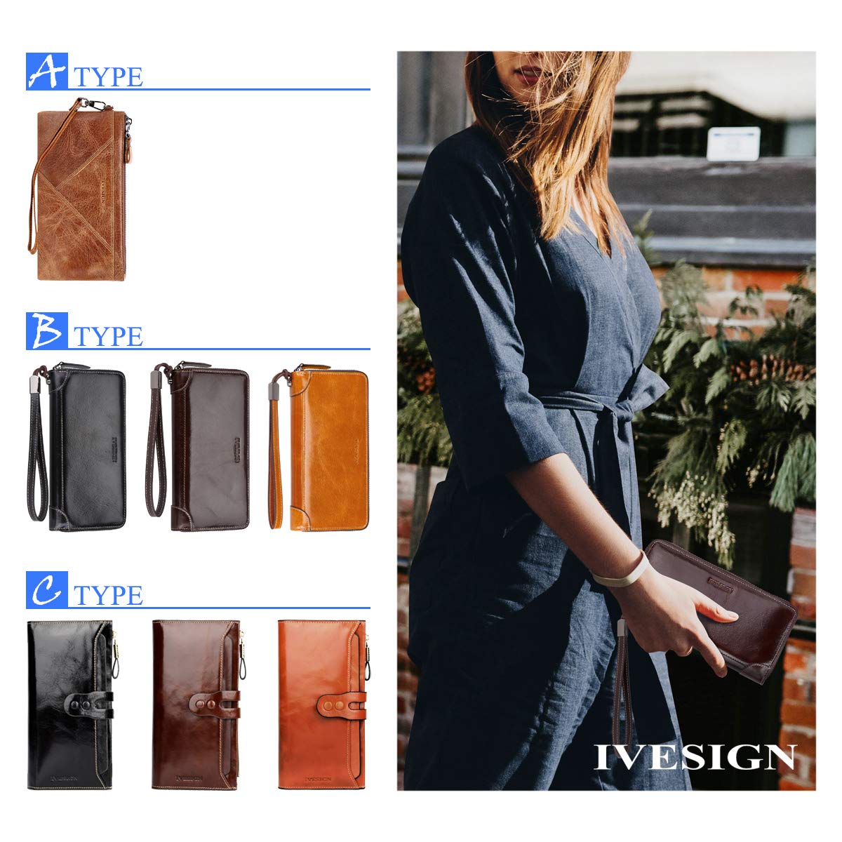 IVESIGN Women\'s Wax Genuine Leather Wallet RFID Blocking Credit Card Holder Organizer Purse With Wristlet (Coffee)