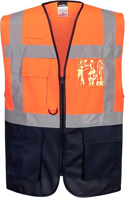 Portwest Warsaw Executive Hi Vis Vest with Pockets Zip Mens Orange Navy M