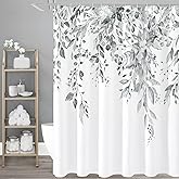 Gibelle Grey Eucalyptus Shower Curtain, Watercolor Plant Leaves with Floral Bathroom Shower Curtain Set, Gray White, 72x72