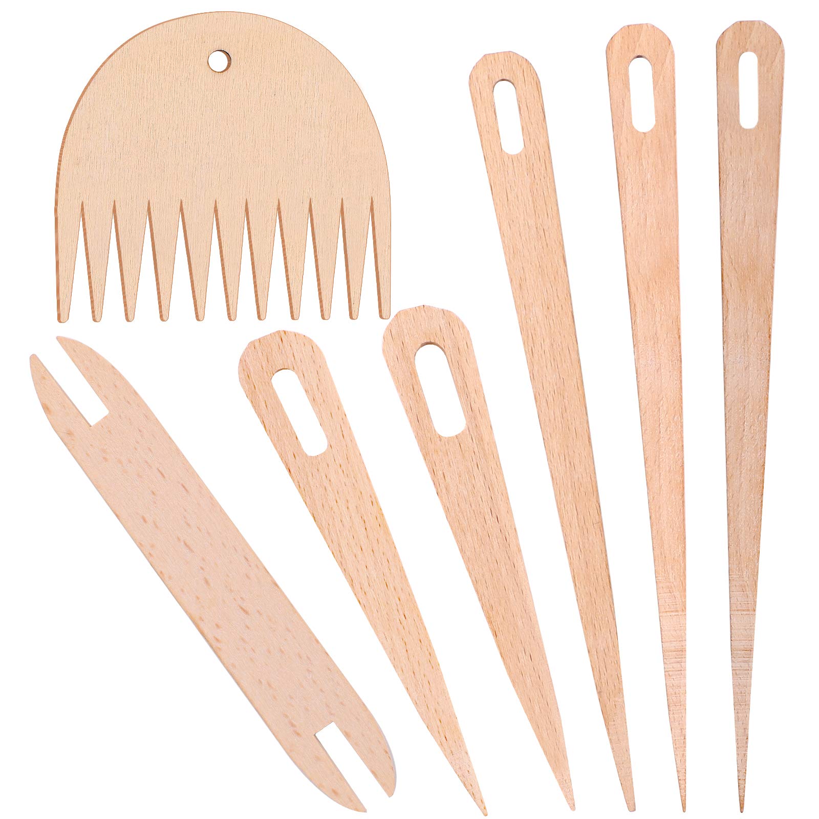 Luter 7Pcs Hand Loom Stick Set - DIY Handcrafts Tools: 5Pcs Wood Weaving Crochet Needle, Wooden Shuttle, Wood Weaving Comb for Knitting Crafts