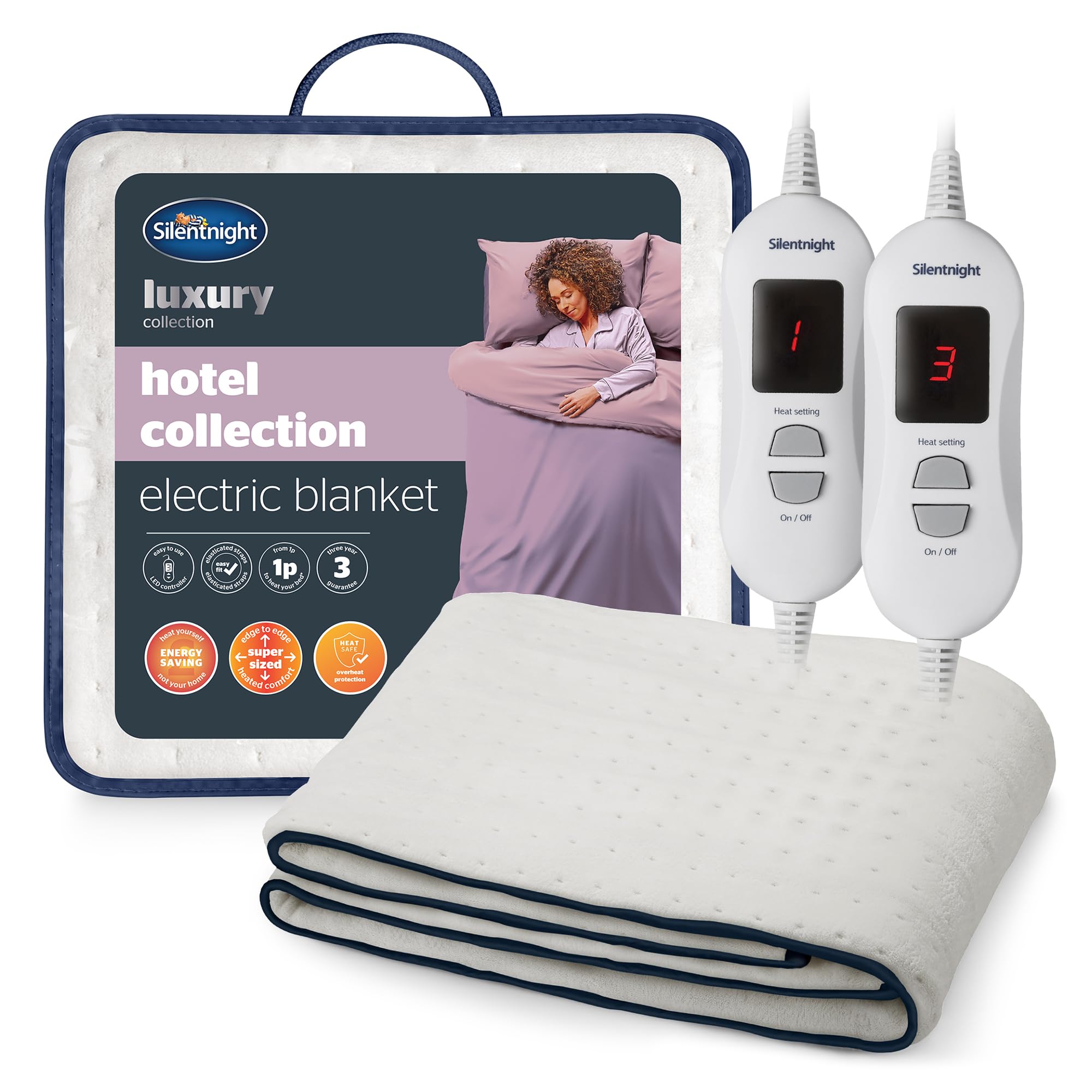 Silentnight Hotel Collection Double Electric Blanket - Luxury Cosy Comfort Covered in a Super Soft Fleece Fabric - Full Mattress Coverage with Easy Fit Straps - 3 Heat Settings, 193x137cm, Double