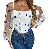 GIYKBX Women's Floral Embroidered Mesh Sleeve Crop Top Square Neck Slim Fit Off-Shoulder Trendy Blouse