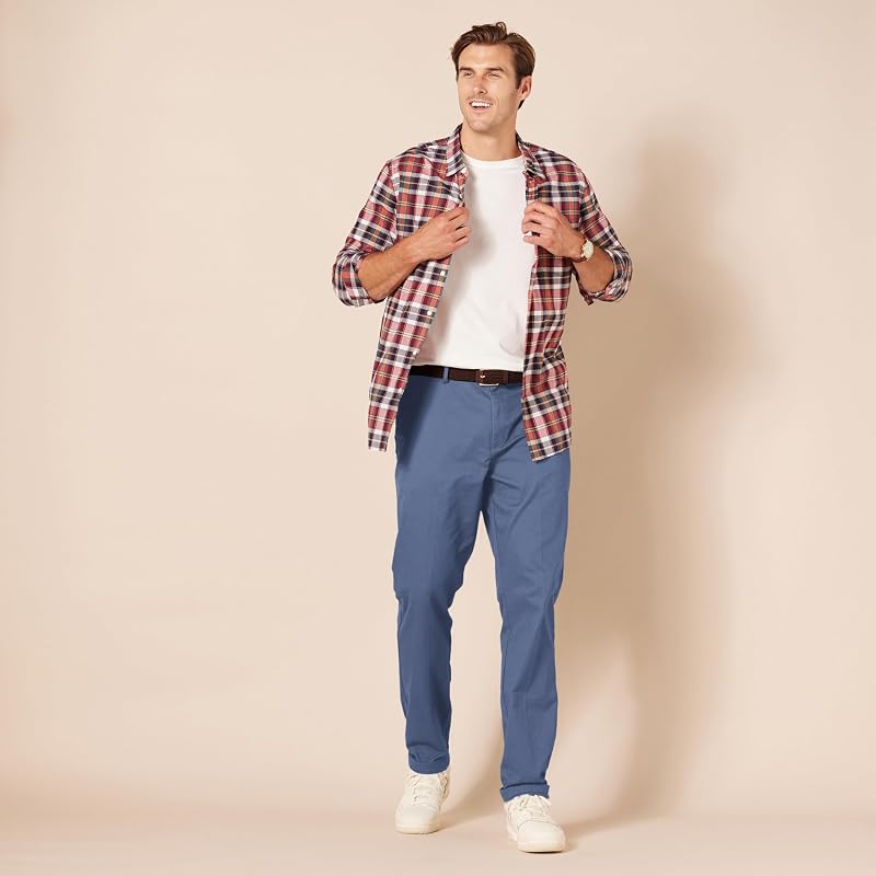 Pantaloni Chino da Lavoro da Uomo Anti-Piega e Senza Pince, vestibilità Aderente, Indaco, 30W / 30L
