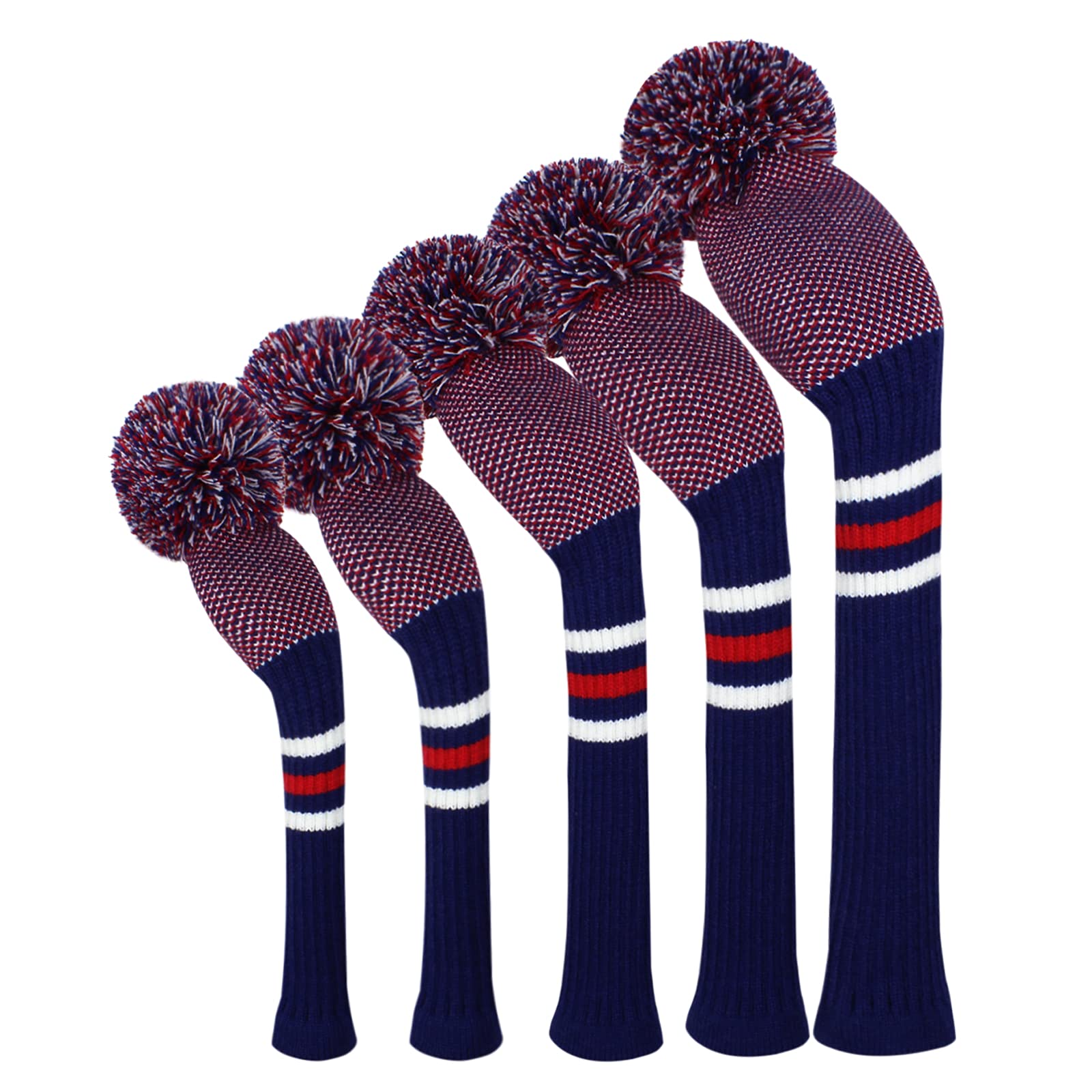 Golf Head Covers for Woods 5 PCS Knit Golf Club Cover Driver Cover*1 Fairway Wood*2 Hybrid (UT)*2 Stain Resistant&Washable, with Fluffy Pom Poms (Dots)