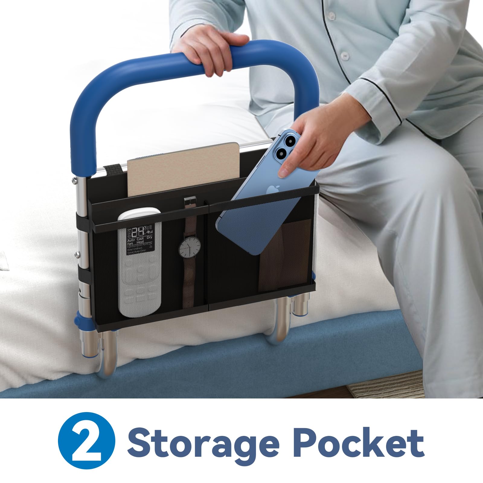 Bed Rails for Elderly Adults Safety, Height Adjustable Bed Assist Rail for Seniors with Storage Organizer and Non-Slip Handle, Bedside Fall Prevent Grab Bar