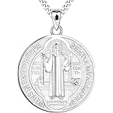 FJ Saint Benedict Necklace 925 Sterling Silver Patron Saint Benedict Medal Pendant Amulet Protection Religious Jewelry for Men Women