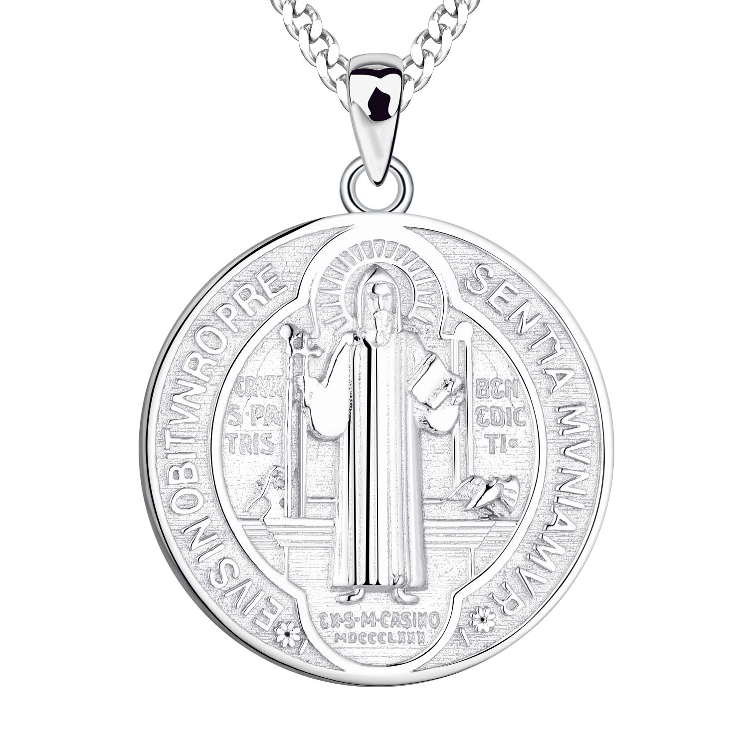 FJ Saint Benedict Pendant Necklace 925 Sterling Silver St Benedict Necklace NR Cross Protection Pendant Round Coin Antiqued Religious Protector Talisman Jewellery for Men Women