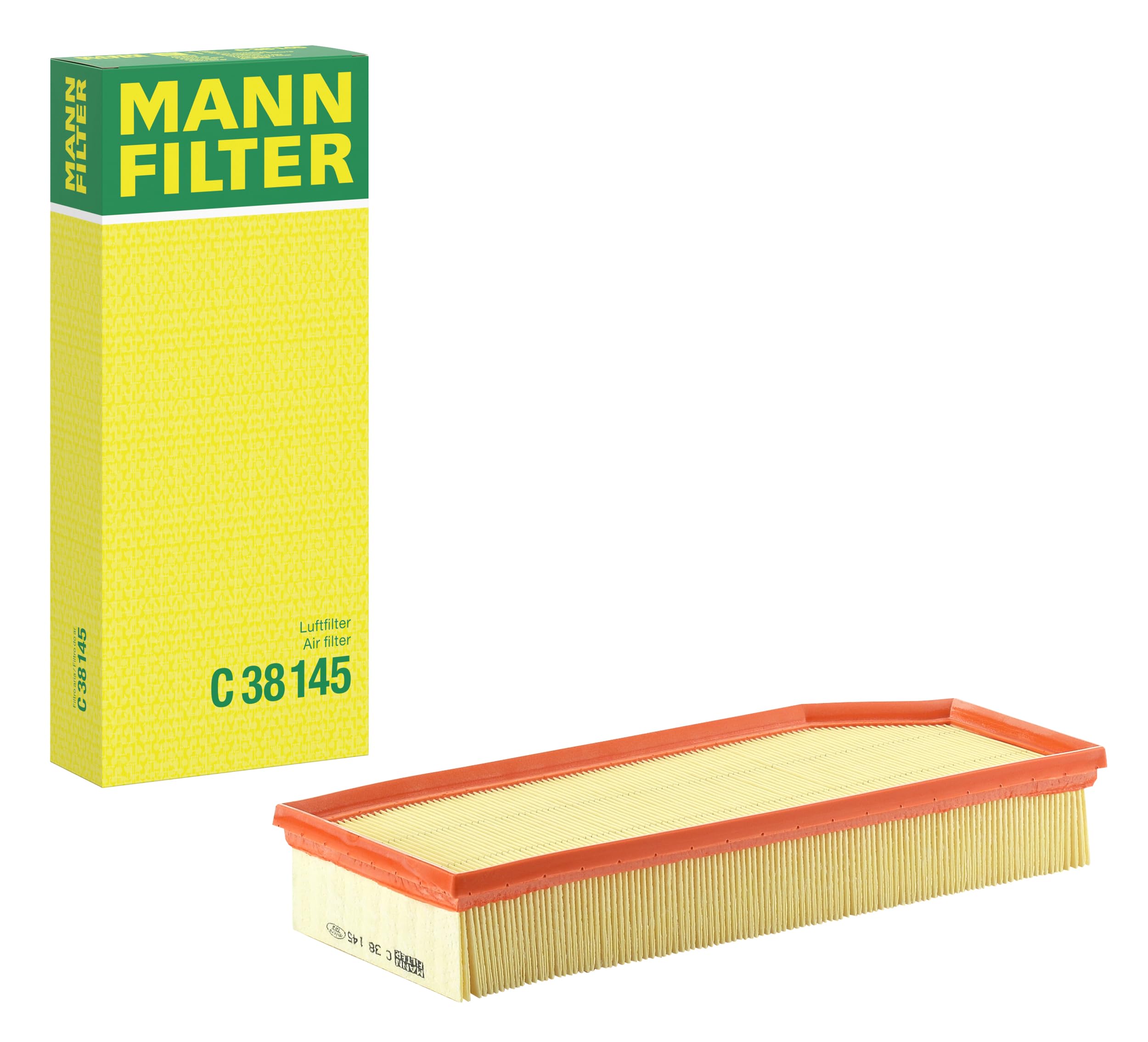 MANN-FILTER Air Filter C 38 145, Yellow for Passenger Cars, Original Equipment Quality, MERCEDES-BENZ Equivalent Part Number, Rectangular, 37.8 x 15.6 x 5.6 cm, 1 Piece