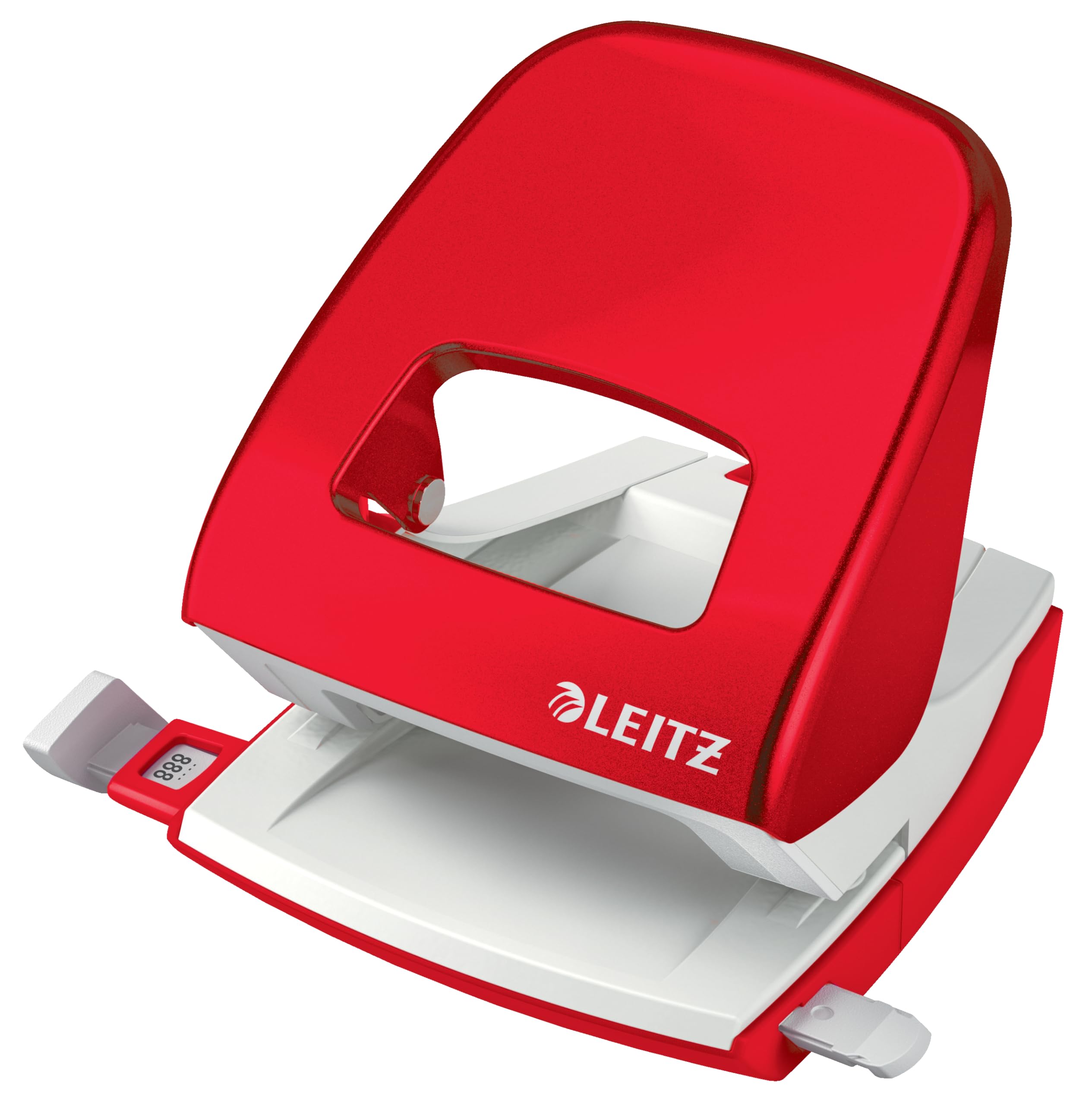Leitz Office Metal Hole Punch, for 30 Sheets, Stop Rail with Format Requirements, for Office, Home Office & School, Metallic Red, WOW Series, 50082026