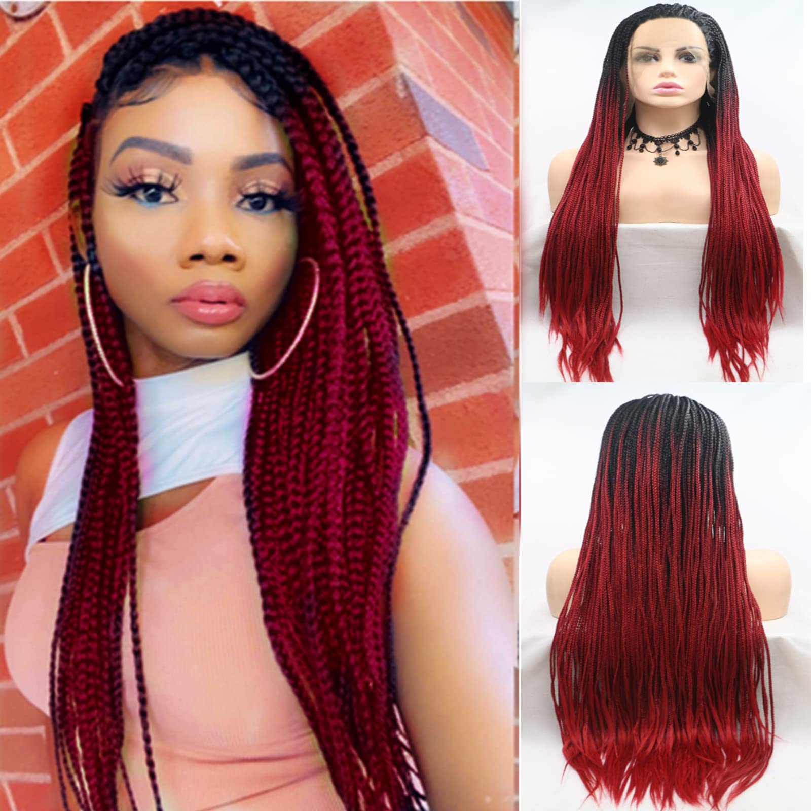 Ombre Red Box Braided Wigs Long Lace Front Braids Hair Wigs for Black Women Realistic Hand Braided Synthetic Wig Soft Straight Cornrow Lace Frontal Wig Heat Resistant Fiber Cosplay 26 Inch — image 1