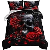 HOSIMA Death Skull Heads Floral Gothic Comforter Twin with 2 Pillowcases. | Horror Theme Halloween Bedding Comforter Sets for Teen Girls Boys Room Decor,Red Rose Floral Bedding
