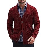 COOFANDY Mens Shawl Collar Cardigan Sweater Slim Fit Button Down Cable Knitted Sweater with Pockets