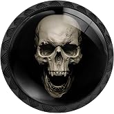 Artinhand 4 Pack Gothic White Skull Cabinet Knobs for Kitchen Bathroom | Drawer Pulls Round Black Dresser Handles Hardware for Desk Cupboard Wardrobe Closet Vanity Door Decor