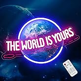 The World Is Yours Neon Sign,LED Planet Neon Light Lamp for Wall Decor,Remote Dimmable UV Printed Earth Light Up Signs for Boy Girls Bedroom Man Cave Home Bar Bistro Club Cafe Game Room Birthday Party Presents