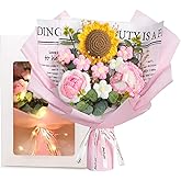MEIVINES Crochet Flowers Bouquet Pink Hand Knitted Rose Sunflower Faux Crochet Flower Bouquet for Home Decor,Weddings, Birthdays,Mother's Day Valentines Includes Gift Bag and Greeting Card