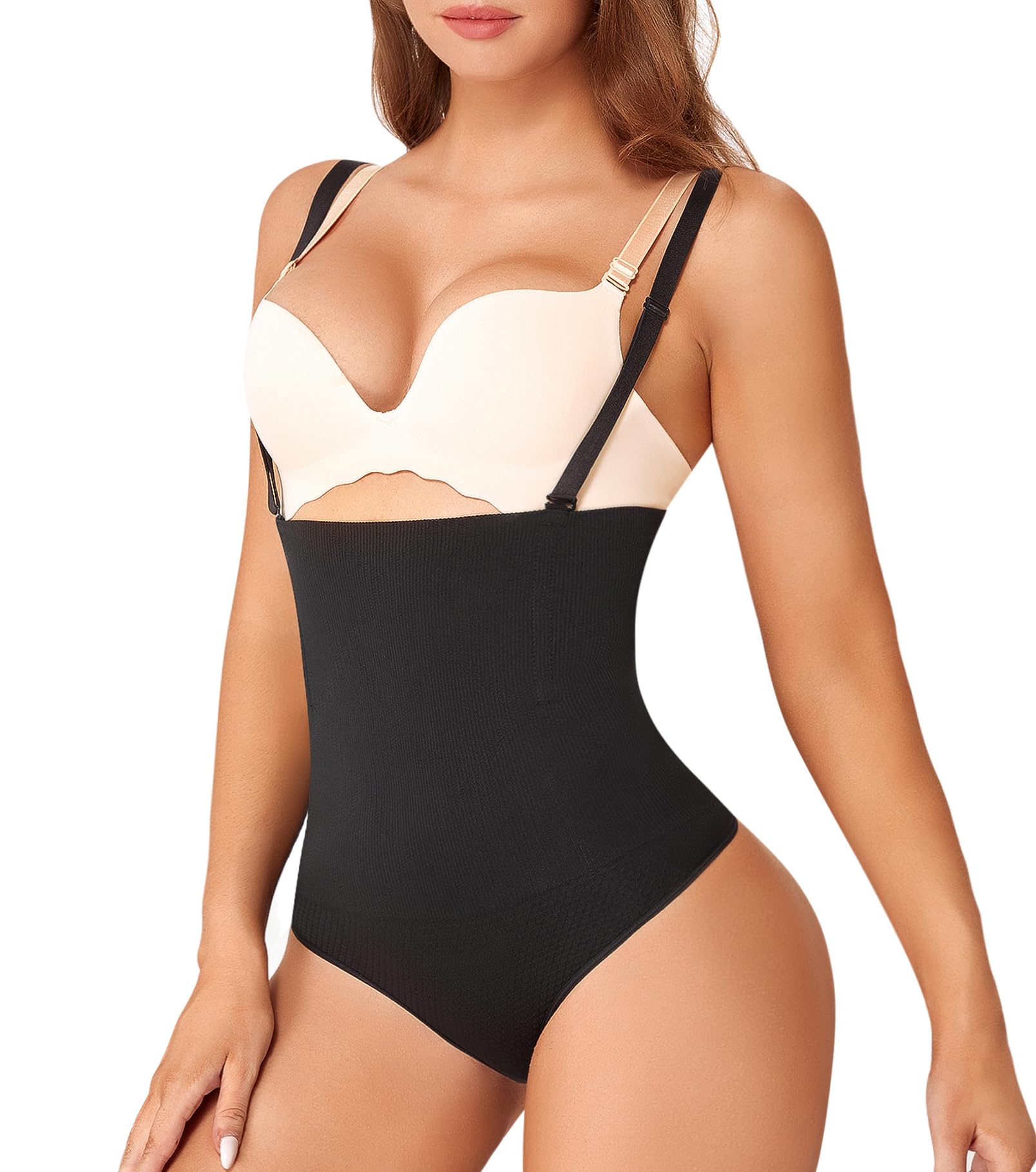 Photo 1 of FIVEGOGO Shapewear for Women Tummy Control Panties 3 In 1 Seamless Slim Body Shaper High Waist Underwear(Black Thong Bodysuit,M/L)