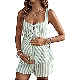 OYOANGLE Women's Maternity 2 Piece Outfits Striped Tie Front Ruffle Peplum Tank Top and Shorts Pregnancy Lounge Set