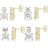 MDFUN 18K Yellow Gold-Plated Cubic Zirconia Stud Earrings for Women – 4 Pairs Round, Square, Heart & Teardrop CZ Hypoallergenic Earrings