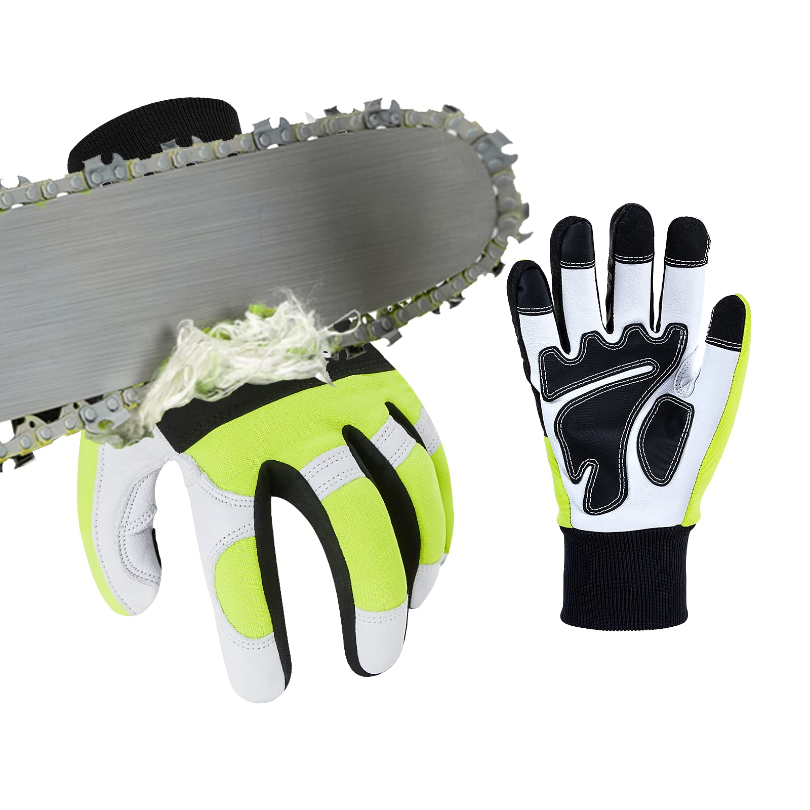 Vgo... Chainsaw Gloves 12-Layer Protection on Left Hand, Safety Forestry Work Gloves with Touchscreen in Goat Leather(M,1Pair)