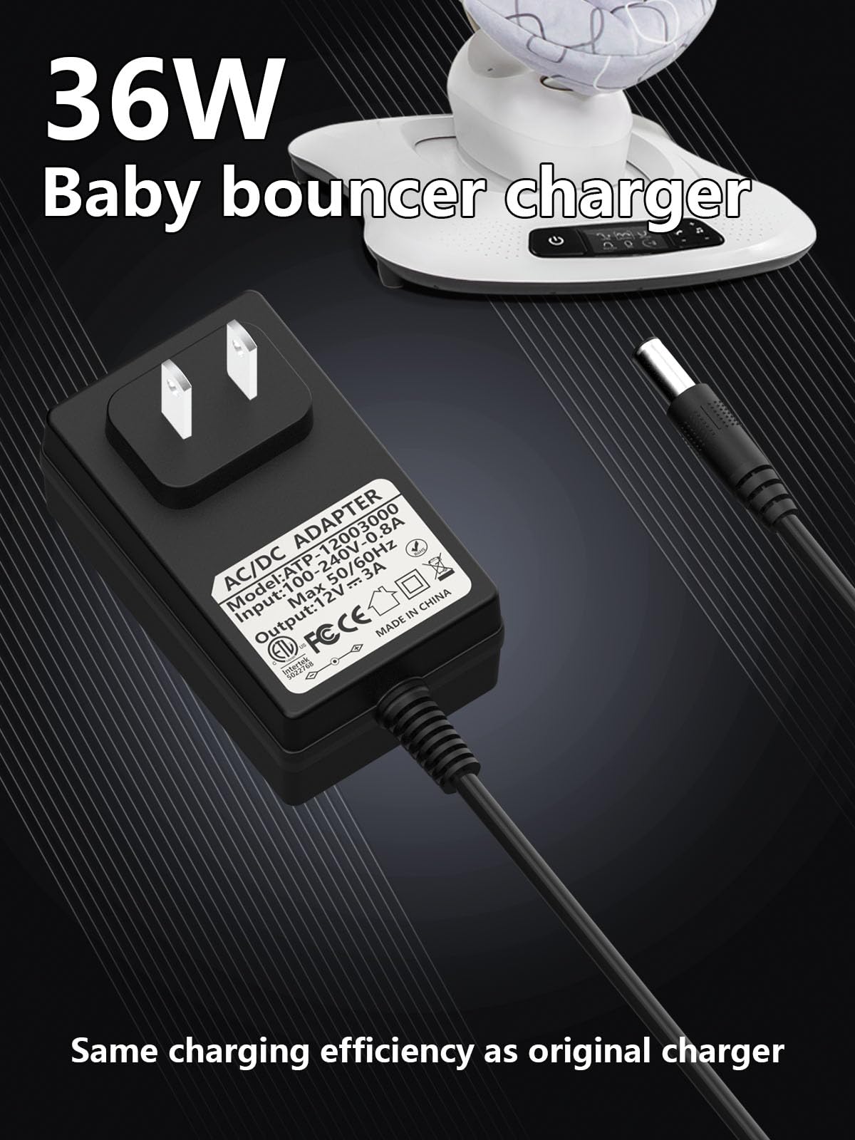 12V 3A Power Cord Charger Compatible with 4moms MamaRoo 2/4 Baby Swing, Rockaroo 2 Baby Swing, MamaRoo 2015 Infant Seat Bouncer OH-1048B1203000U/ OH-1048B1203000-U Charging Plug AC Adapter Black 6.6FT