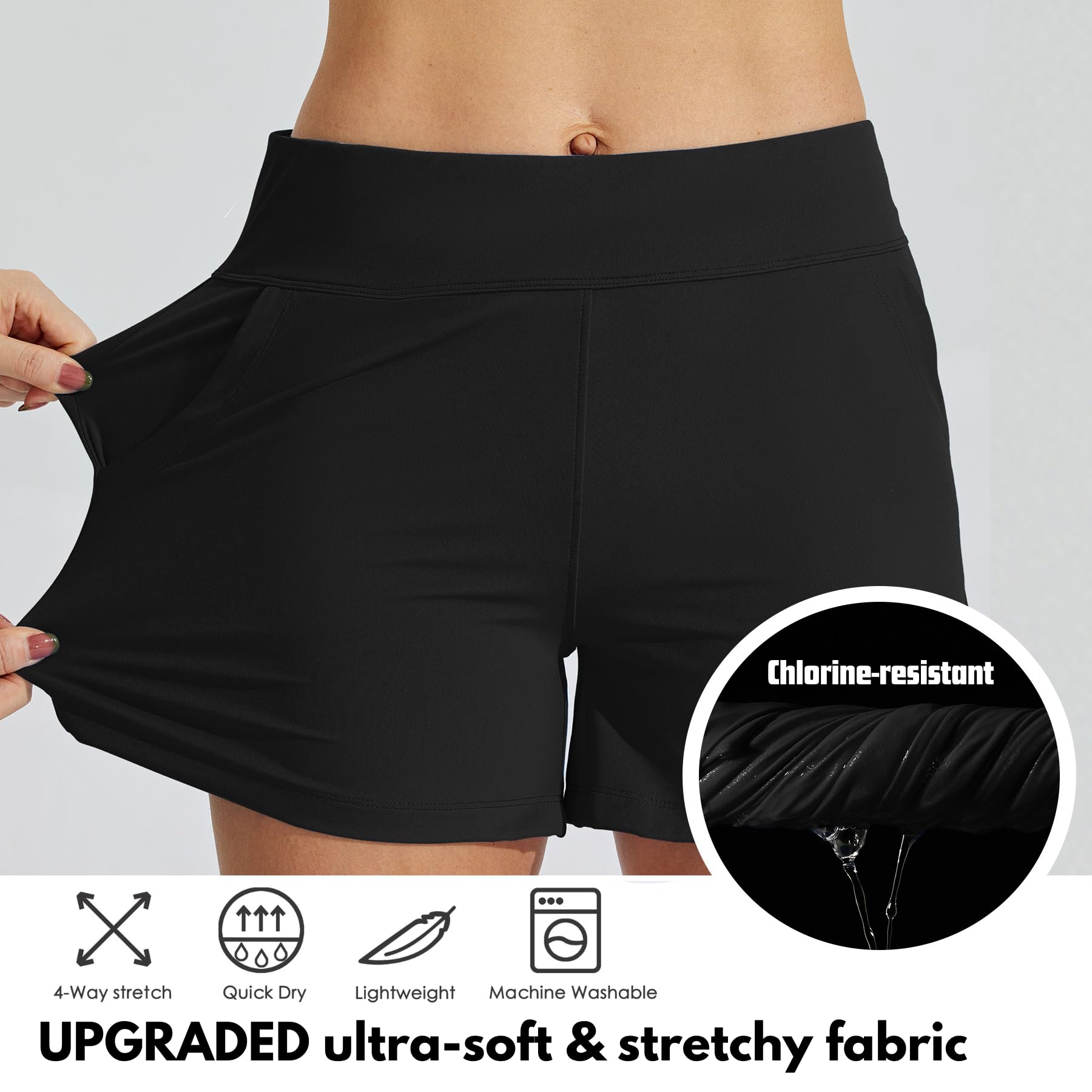 WILLIT Damen Badeshorts Swim Board Shorts Badehose Schwimmen Bottoms Tummy Control Bikini Shorts Beachshorts 3,5 Zoll mit Liner Schwarz M 4