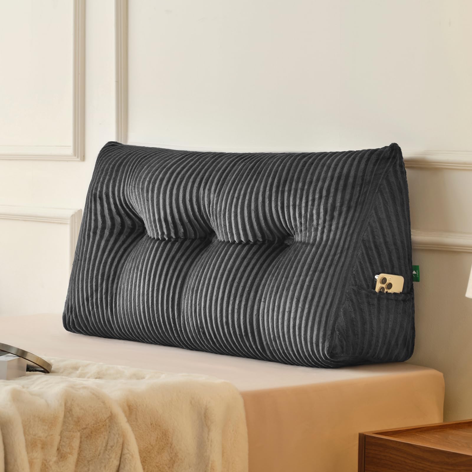 Z-hom Twin Headboard Pillow, Triangular Wedge Reading Pillow for Bed or Sofa, Ergonomic Backrest Cushion for Sitting Up, Reading or Relaxing, with Side Pocket，Removable Washable Cover,Grey