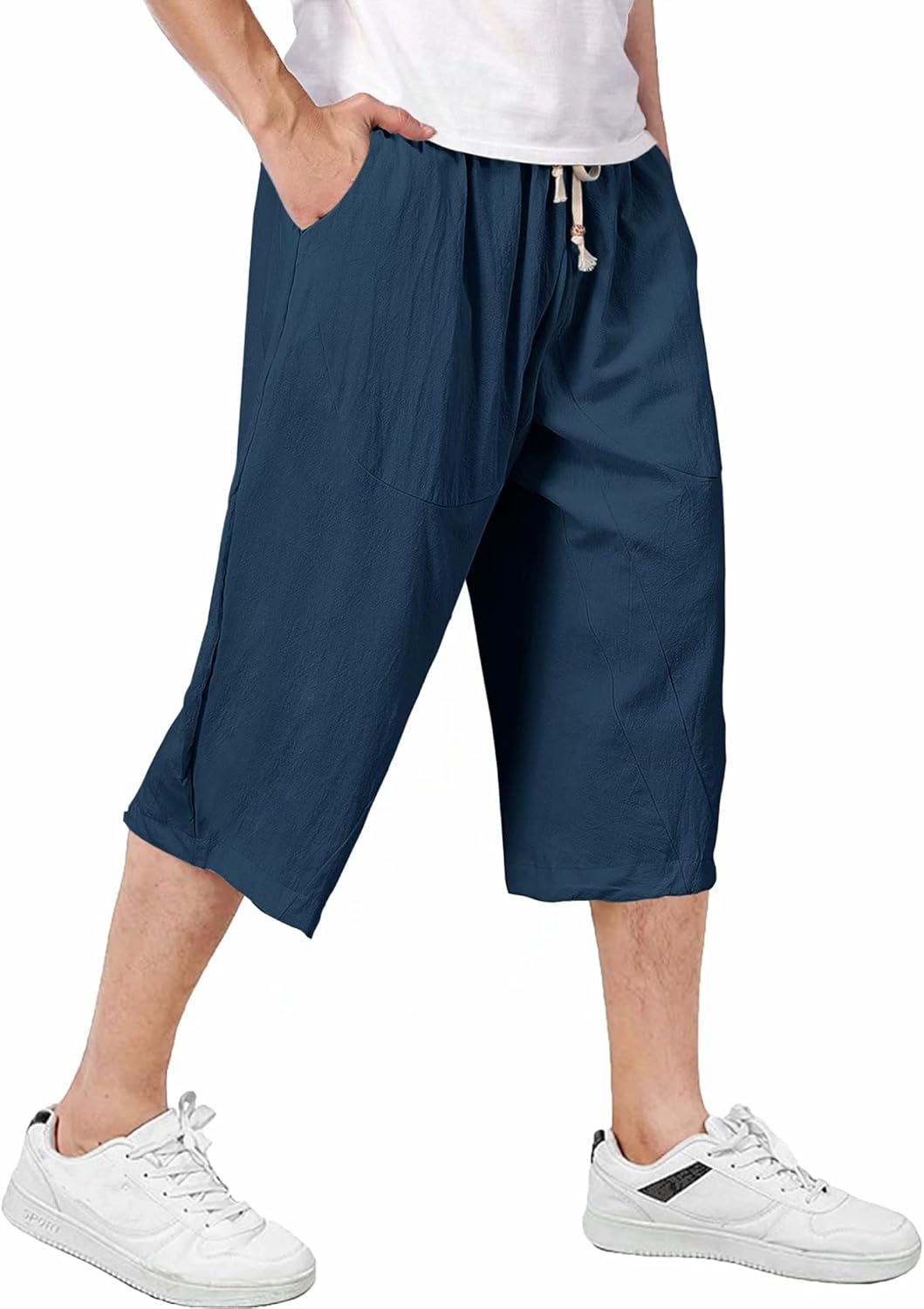 Men's Long Shorts Cotton Baggy Capri Shorts 3/4 Linen Pants