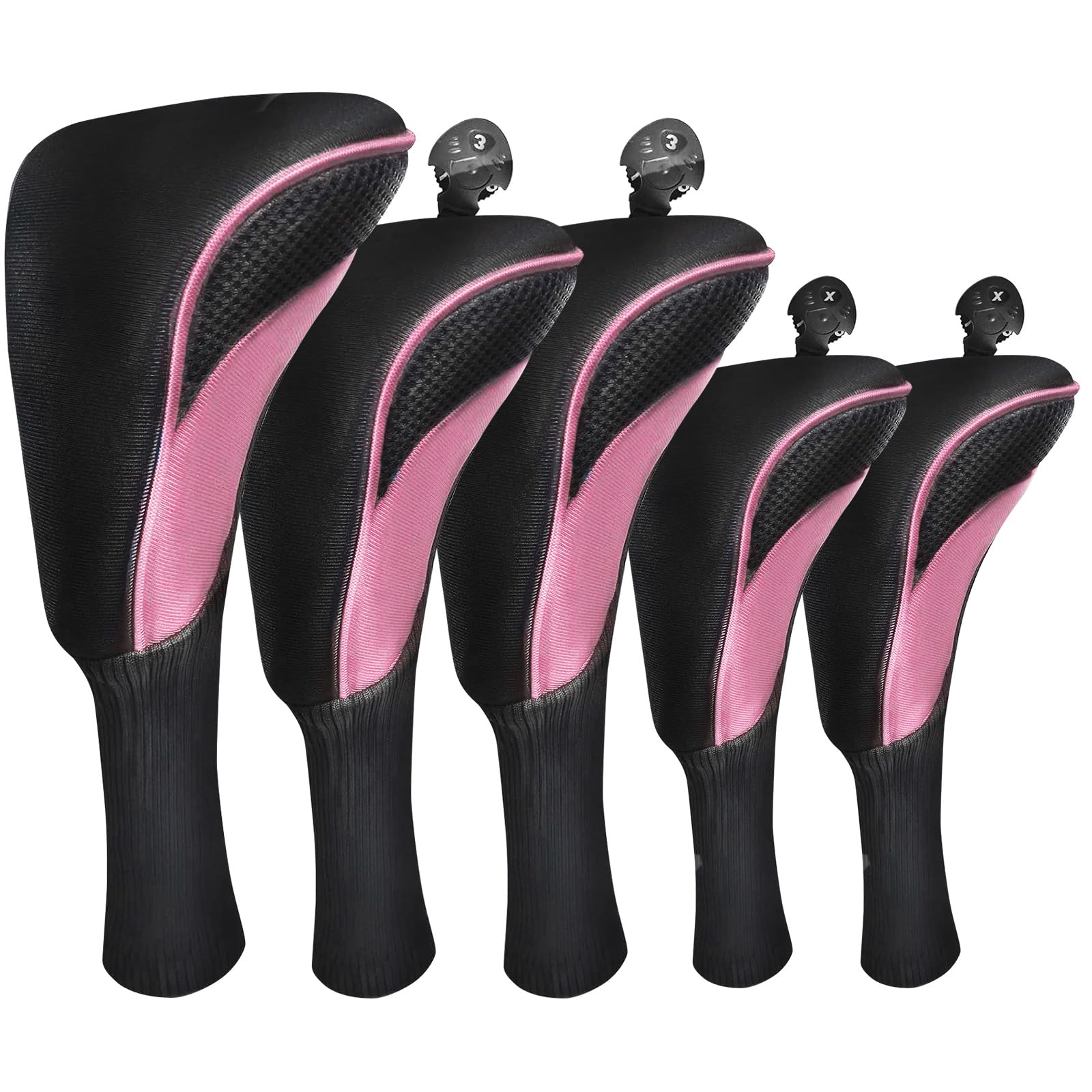 FINGER TEN Golf Club Head Covers for Woods Long Cover Driver Hybrid Fairway, Headcovers with Interchangeable No. Tag Novelty Durable Fit Woods Clubs (Pink-5 pack (1 Driver& 2 Fairway&2 Hybrid))