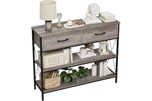 HITHOS Industrial Console Table with Drawers, Vintage Hallway Foyer Table with Storage Shelves, Narrow Long Sofa Entryway Table for Living Room, Grey