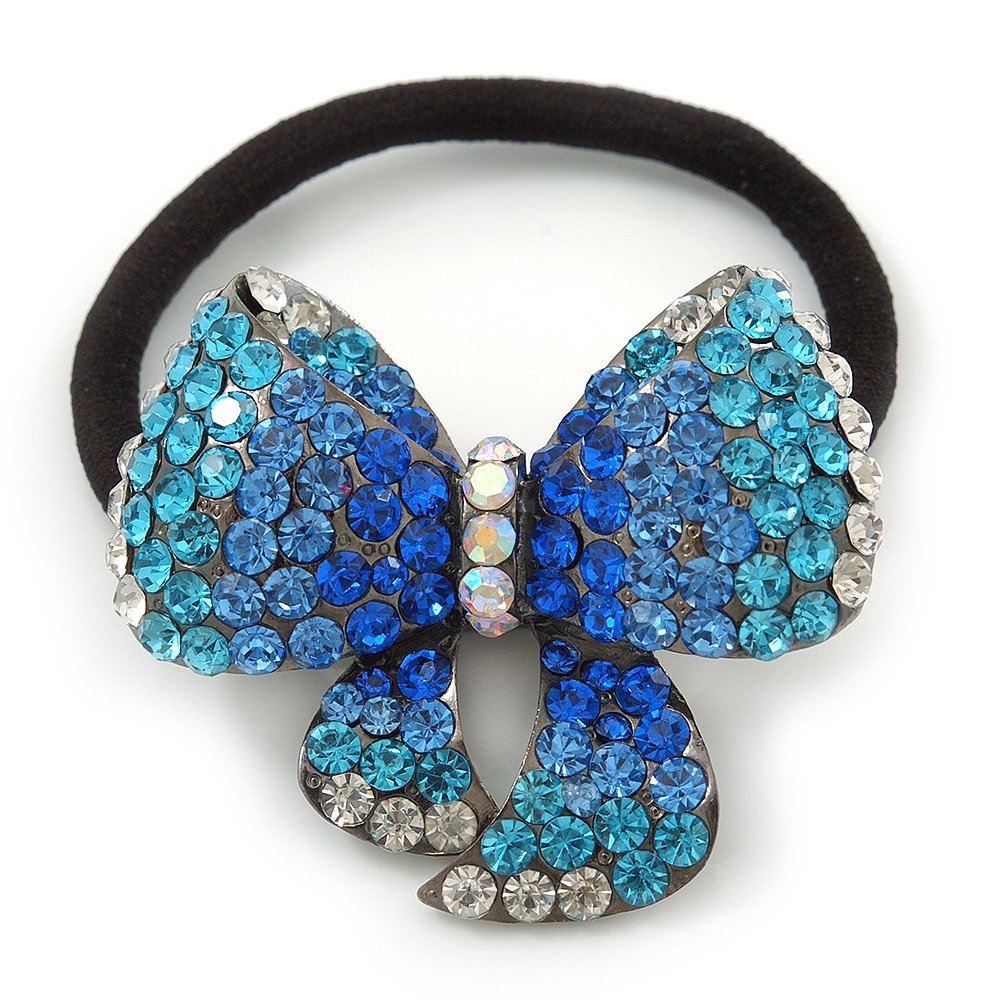 Clear/Azure/Blue Crystal Bow Pony Tail Hair Elastic/Bobble In Gun Metal