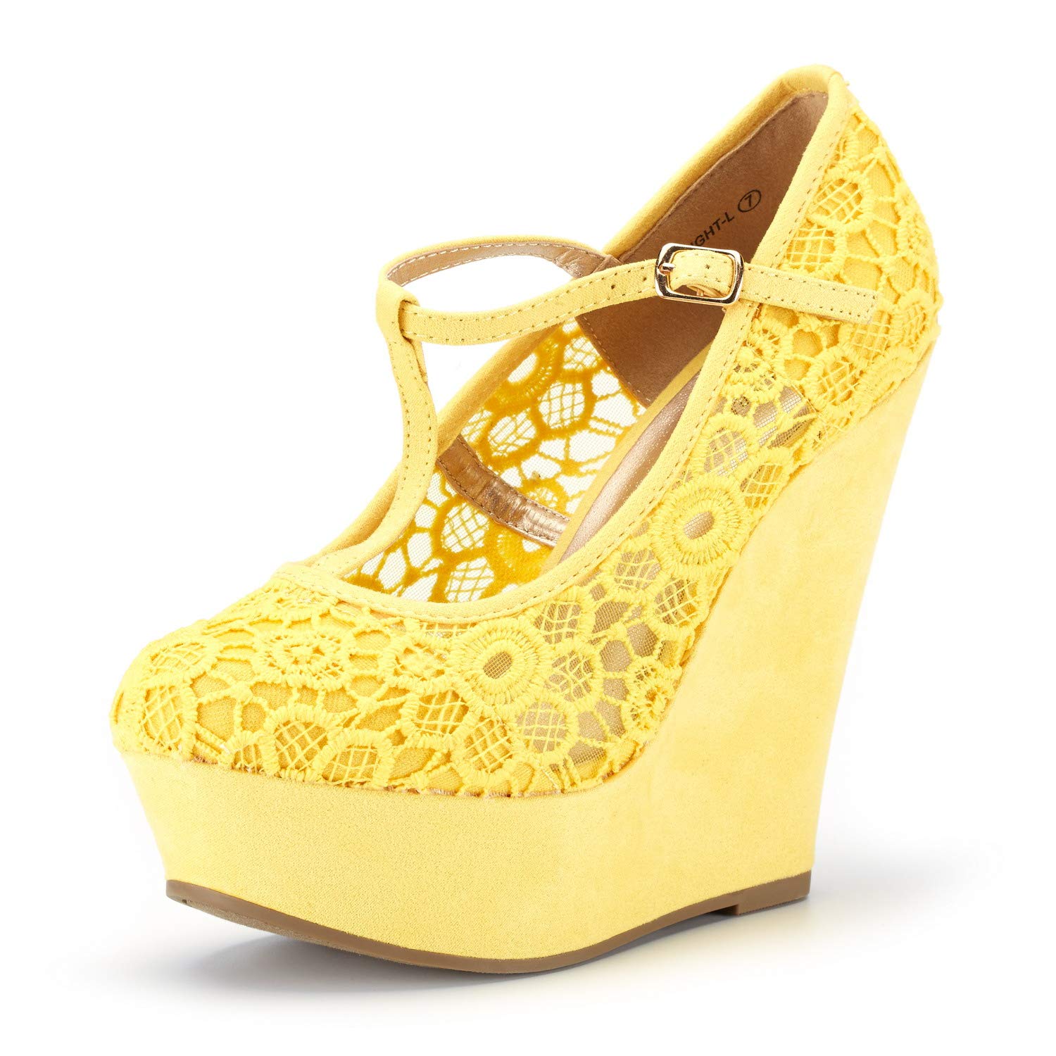 DREAM PAIRS Wedge-Height-l Yellow Lace Crochet Mary Jane Platform Wedges Shoes for Women Size 9 B(M) US