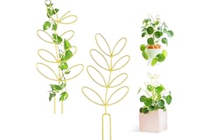 GANBARO Plant Trellis for Climbing Plants, 2 Pks Garden Trellis 12'' Leaf Shape Plant Trellis Metal Wire Stake for Potted Plants, Houseplant, Home Plant, Mini Rose, Plant Lover Gifts (Golden)