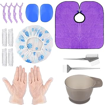 Amazon Com Hair Coloring Kit Diy Dyeing Tool Kit Hair Tinting Mixing Bowl Comb Dye Brush Ear Caps Shower Cap And Gloves Cape Hair Dye Tools 13 Piece Beauty