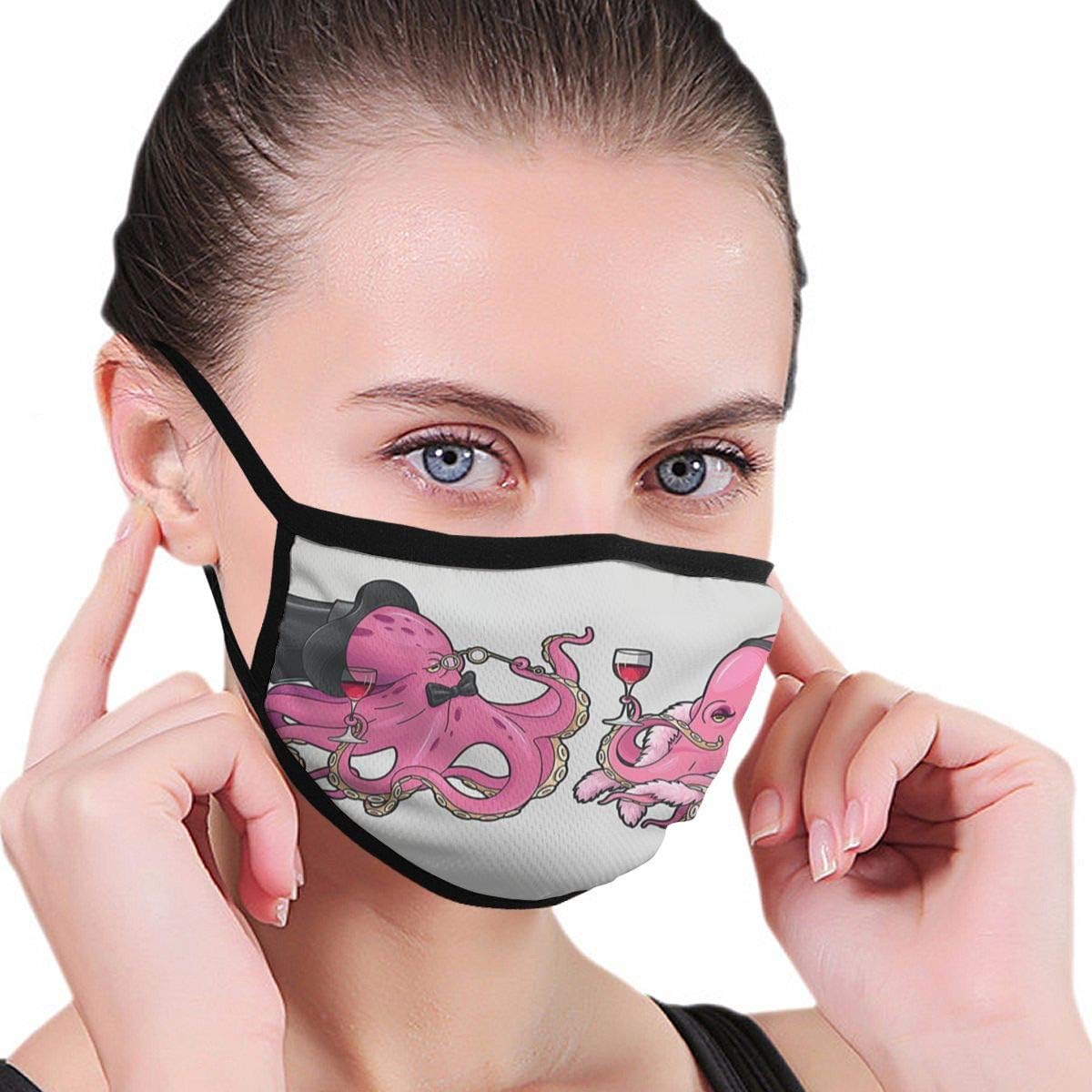 Cartoon Illustration of Octopuses in Fun Retro Costumes at Party Vintage Style Anti-Dust Earloop Mouth Masks for Women Men Kids Windproof Face and Nose Cover - Reusable & Washable
