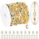 KYUNHOO 9.8 Feet Colorful Beaded Chain for Jewelry Making KC Gold Plated Chains Bulk Hollow Square Link Chain Spool with Lobster Clasps Jump Rings for DIY Jewelry Making Supplies