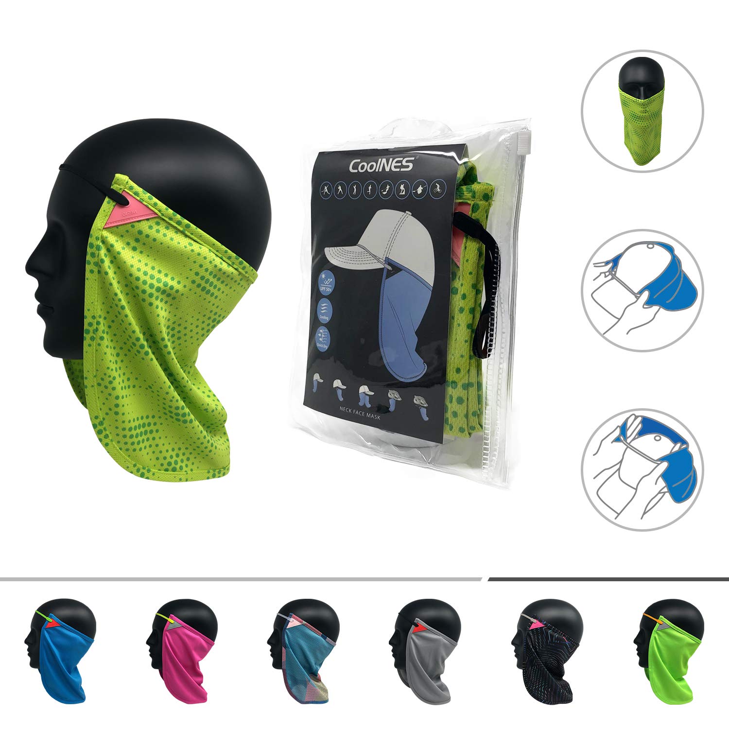 CoolNES Neck or Face Sun Mask | 1 Product 2 Uses | Removable Universal Fit Headband + Flap | Cap | Hat | Bike | Ski | Hard Hat Helmets UPF 50+ Patented Multifunctional Headwear