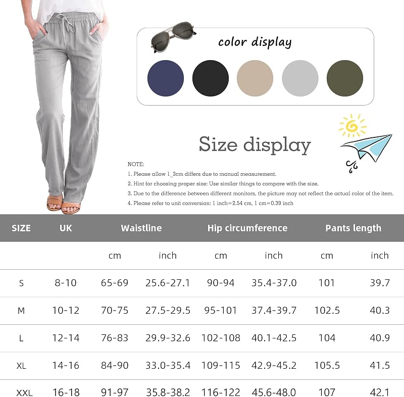 Yuson Donna Pantaloni Tinta Unita Casual con Coulisse Pants in Cotone e Lino con Tasche