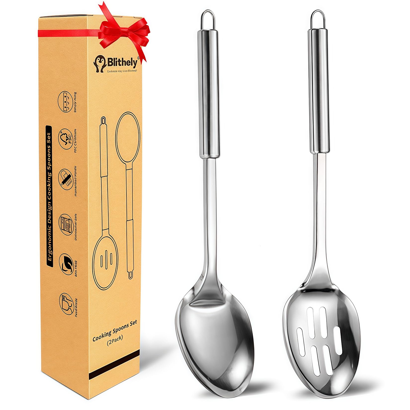 Photo 1 of 2 Pack Large Cooking Spoon Set, Stainless Steel Serving Spoon and Slotted Spoon for Cooking, Heat Resistant Long Basting Spoons with Round Handle for Mixing and Serving Food