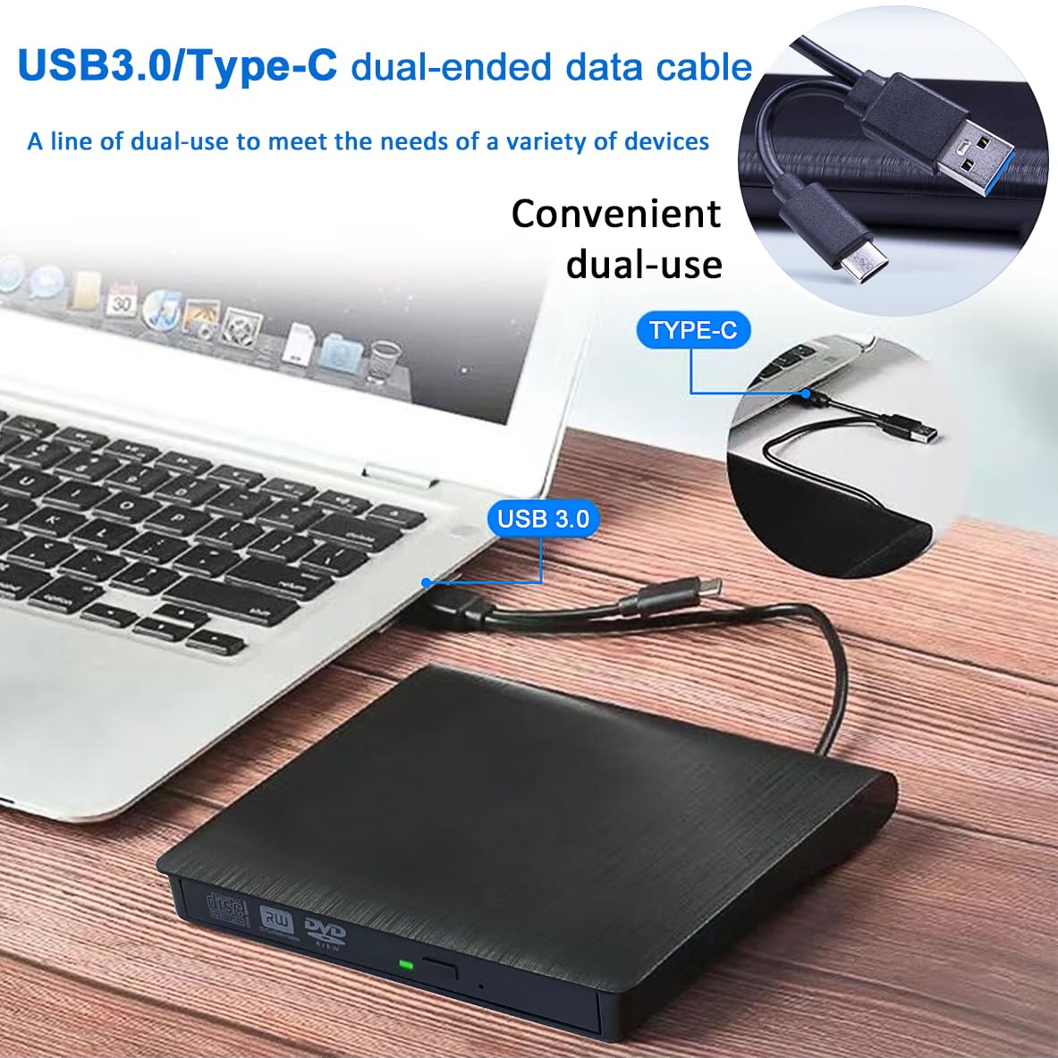 External DVD Drive, USB 3.0 & Type-C Portable Player, External CD/DVD Burner, CD DVD +/-RW Drive, Compatible with Laptop, MacBook, Windows, Linux PC