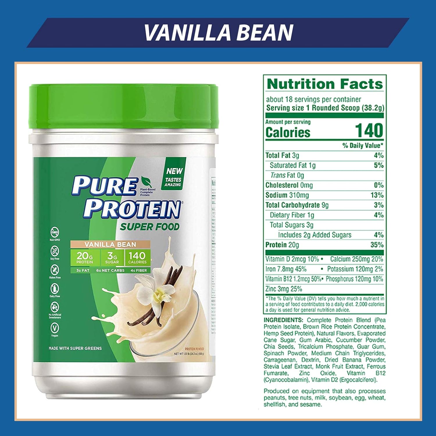 Pure Protein Vegan Plant Based Hemp and Pea Protein Powder, Gluten Free, Mixed Berry Super Fruits, With Vitamin D, Vitamin C, and Zinc to Support Immune Health, 1.47 lbs: Health & Personal Care