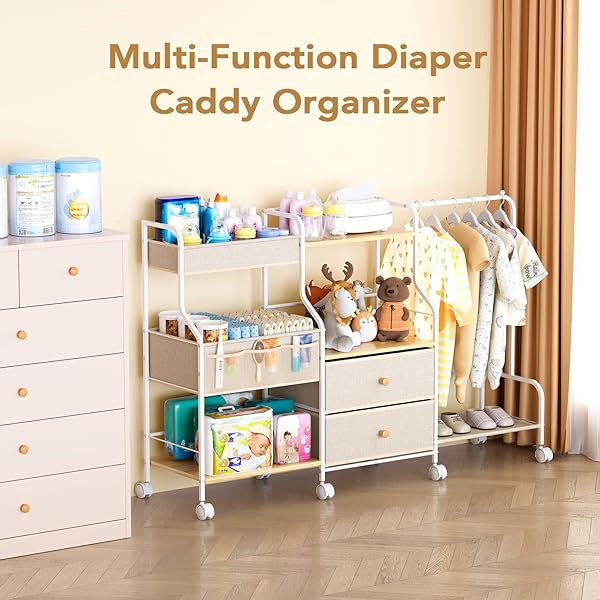 BBLIKE DIAPER CADDY ORGANIZER WITH HANGING RACK – 3 TIER ROLLING UTILITY CART WITH DRAWERS AND DIVIDERS FOR BABY BOTTLE STORAGE – BEDSIDE CART FOR CHANGING STATION, CRIB, NURSERY, BEDROOM, BEIGE