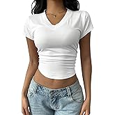 SOLY HUX Women's V Neck Going Out Crop Tops Short Sleeve Slim Fitted Basic Cropped T Shirts