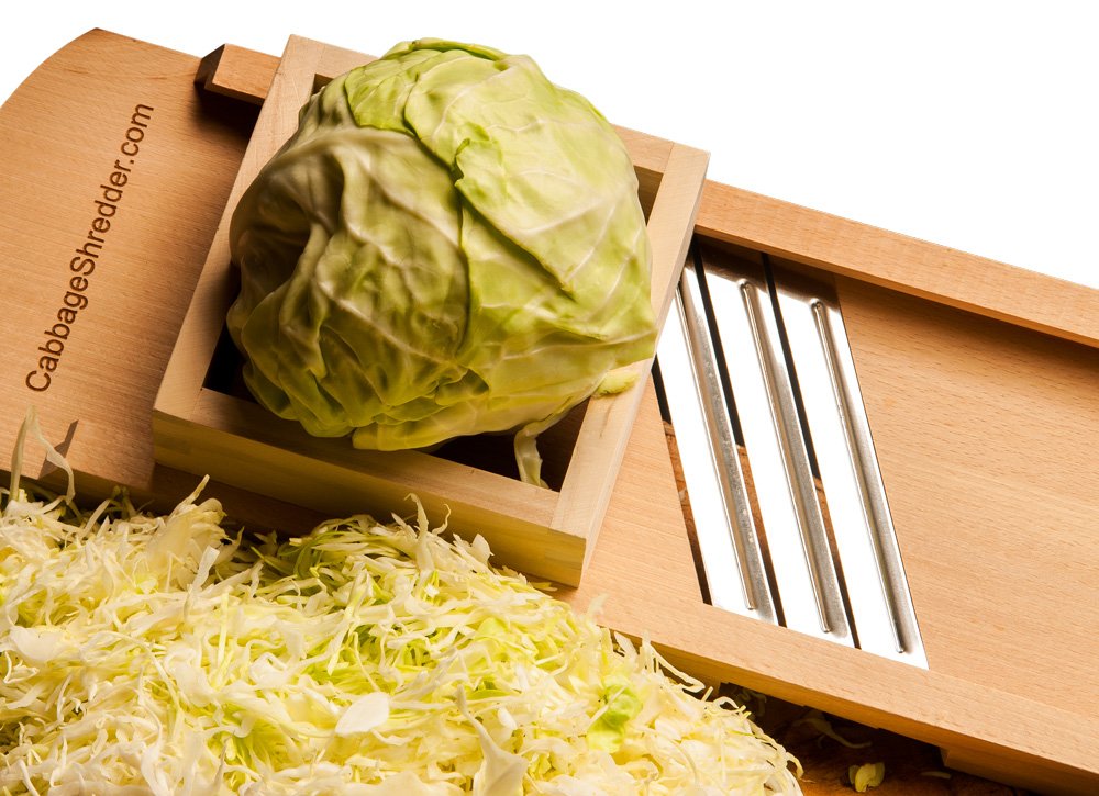 Cabbage Shredder & Slicer for Finely Cut Sauerkraut, Coleslaw. with Finger Protection Box. Natural Solid Hardwood. Professional Size.