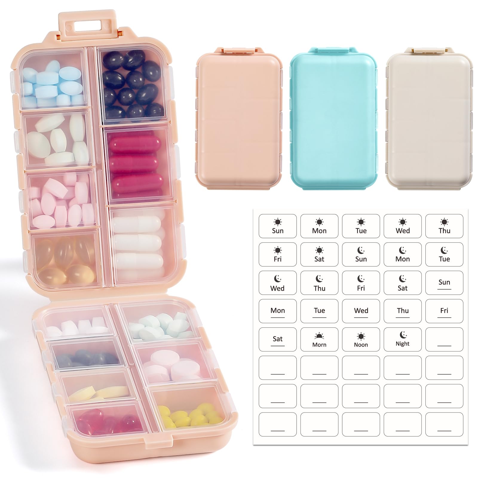 Photo 1 of 3 Pack, 14 GRIDS Travel Pill Organizer Box with Labels - Travel Medicine Case Kit - Pocket Daily Pharmacy Container - Travel Medication Holder Dispenser for Fish Oil Vitamin Supplement Storage