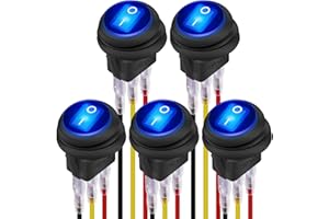 DaierTek 12V Waterproof Round Rocker Switch Blue LED Lighted [UL Listed] ON Off 3 Pin 12 Volt 20A Weatherproof Illuminated Toggle for Marine Car RV Truck -5Pack