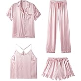 SAPJON Silk Pajamas for Women Set 4Pcs Ruffled Satin Pajamas Set Button Down Short Sleeve Cami Shorts Sleepwear Pj Set
