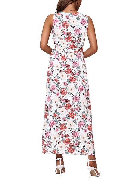 HWOKEFEIYU WOMEN’S SUMMER BOHEMIAN FLORAL CASUAL WRAP V SLEEVELESS SPLIT PARTY MAXI SUN DRESS(FLOWER RED PEONY WHITE,X-LARGE)