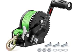 Kolvoii 1200lbs Boat Trailer Winch with 26FT Strap, Portable Hand Crank Winch 2-Way Ratchet 4:1 Gear Ratio, Comfortable Handl